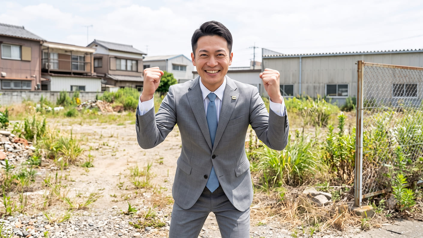 更地の前で笑顔でガッツポーズをするスーツ姿の男性