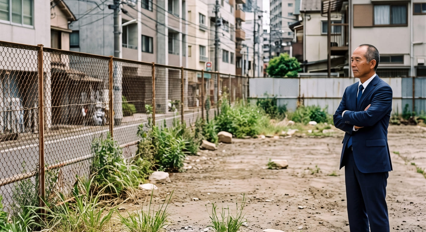 フェンスで囲まれた更地を前に将来を案じる男性