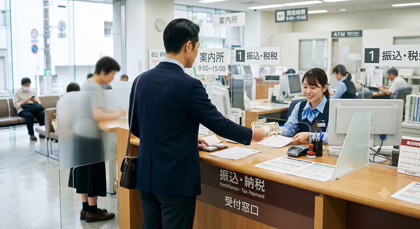 銀行の窓口で固定資産税を支払う男性