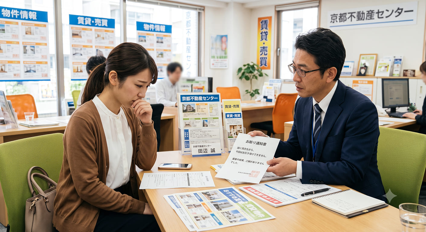 不動産会社の窓口でお断り通知を受け取り困惑する女性